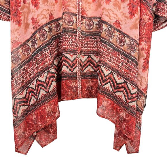 Uncle Frank Red Mixed Print Sheer Chiffon Button Down Asymmetrical Tunic Dress - Picture 6 of 8